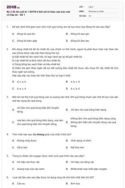 Bộ 2 đề thi cuối kì 1 KHTN 6 Kết nối tri thức cấu trúc mới có đáp án - Đề 1