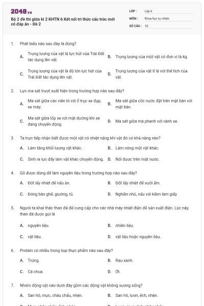 Bộ 2 đề thi giữa kì 2 KHTN 6 Kết nối tri thức cấu trúc mới có đáp án - Đề 2