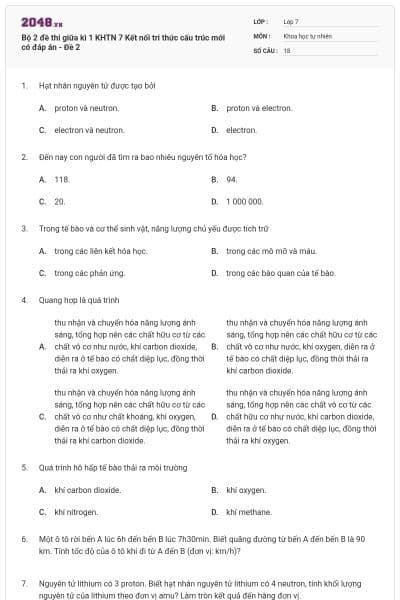 Bộ 2 đề thi giữa kì 1 KHTN 7 Kết nối tri thức cấu trúc mới có đáp án - Đề 2