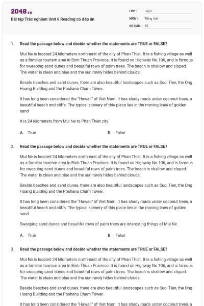 Bài tập Trắc nghiệm Unit 6 Reading có đáp án