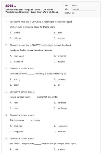 20 câu trắc nghiệm Tiếng Anh 12 Unit 1. Life Stories - Vocabulary and Grammar - iLearn Smart World có đáp án