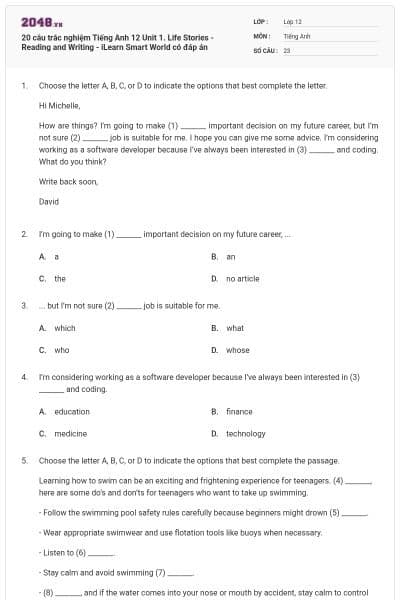 20 câu trắc nghiệm Tiếng Anh 12 Unit 1. Life Stories - Reading and Writing - iLearn Smart World có đáp án