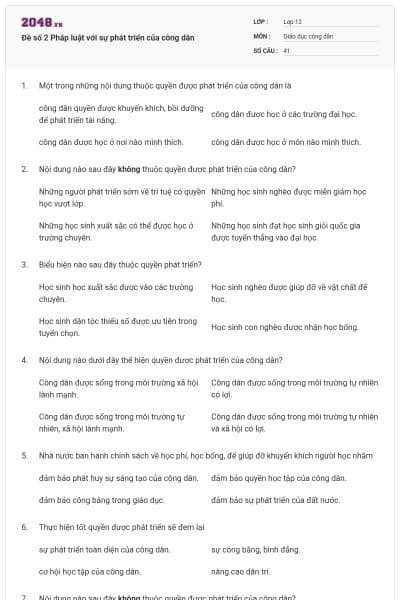 Đề số 2 Pháp luật với sự phát triển của công dân