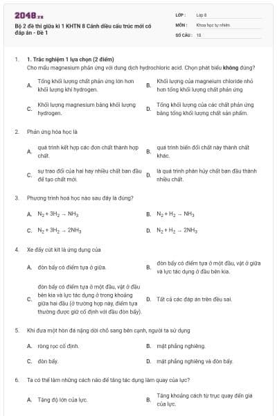 Bộ 2 đề thi giữa kì 1 KHTN 8 Cánh diều cấu trúc mới có đáp án - Đề 1