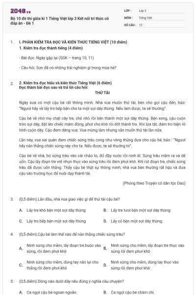 Bộ 10 đề thi giữa kì 1 Tiếng Việt lớp 3 Kết nối tri thức có đáp án - Đề 1