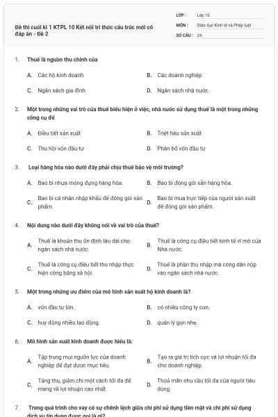 Đề thi cuối kì 1 KTPL 10 Kết nối tri thức cấu trúc mới có đáp án - Đề 2