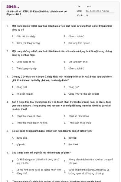 Đề thi cuối kì 1 KTPL 10 Kết nối tri thức cấu trúc mới có đáp án - Đề 3
