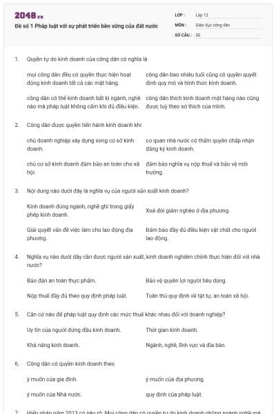 Đề số 1 Pháp luật với sự phát triển bền vững của đất nước