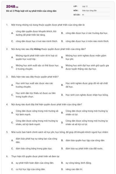 Đề số 2 Pháp luật với sự phát triển của công dân