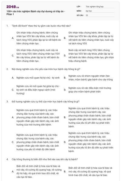 100+ câu trắc nghiệm Bệnh cây đại dương có đáp án - Phần 1
