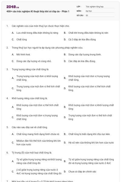 400+ câu trắc nghiệm Kĩ thuật thủy khí có đáp án - Phần 1