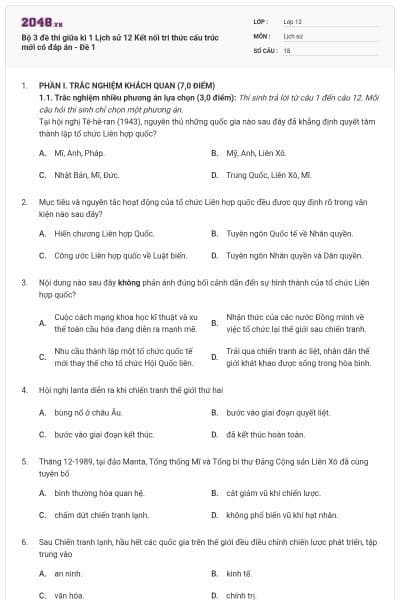 Bộ 3 đề thi giữa kì 1 Lịch sử 12 Kết nối tri thức cấu trúc mới có đáp án - Đề 1