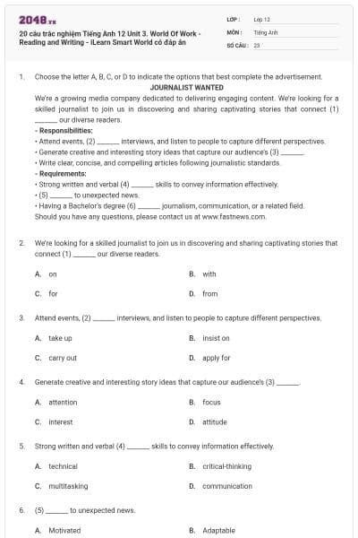 20 câu trắc nghiệm Tiếng Anh 12 Unit 3. World Of Work - Reading and Writing - iLearn Smart World có đáp án