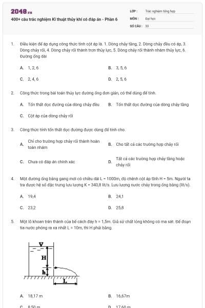 400+ câu trắc nghiệm Kĩ thuật thủy khí có đáp án - Phần 6