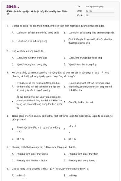 400+ câu trắc nghiệm Kĩ thuật thủy khí có đáp án - Phần 10