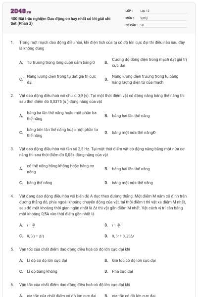 400 Bài trắc nghiệm Dao động cơ hay nhất có lời giải chi tiết (Phần 3)