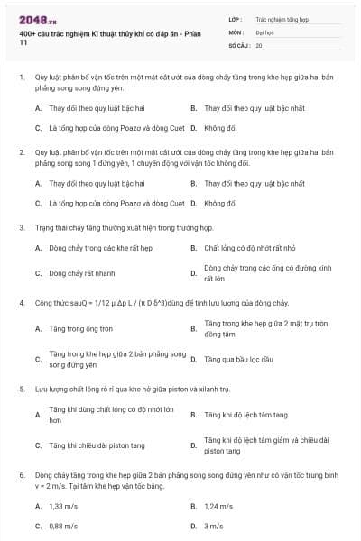 400+ câu trắc nghiệm Kĩ thuật thủy khí có đáp án - Phần 11