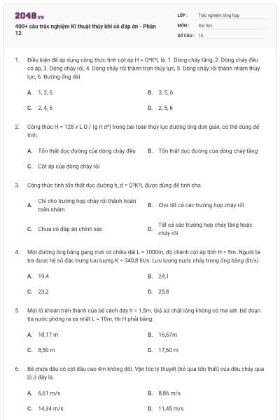 400+ câu trắc nghiệm Kĩ thuật thủy khí có đáp án - Phần 12