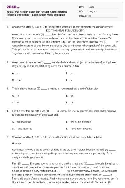 20 câu trắc nghiệm Tiếng Anh 12 Unit 7. Urbanization -Reading and Writing - iLearn Smart World có đáp án