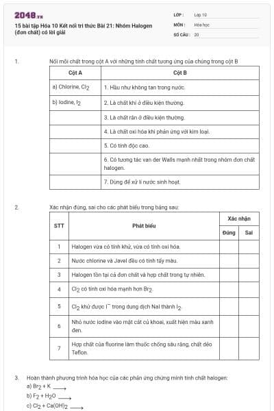 15 bài tập Hóa 10 Kết nối tri thức Bài 21: Nhóm Halogen (đơn chất) có lời giải