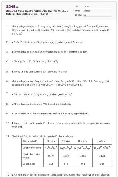 (Đúng Sai) 25 bài tập Hóa 10 Kết nối tri thức Bài 21: Nhóm Halogen (đơn chất) có lời giải - Phần 01