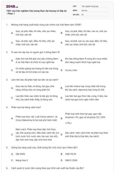 100+ câu trắc nghiệm Cây lương thực đại dương có đáp án - Phần 1