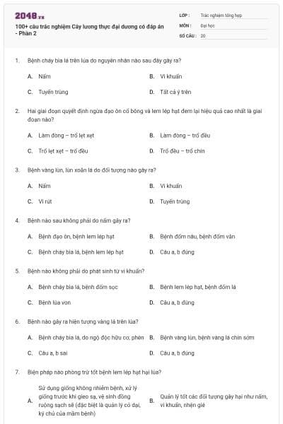 100+ câu trắc nghiệm Cây lương thực đại dương có đáp án - Phần 2