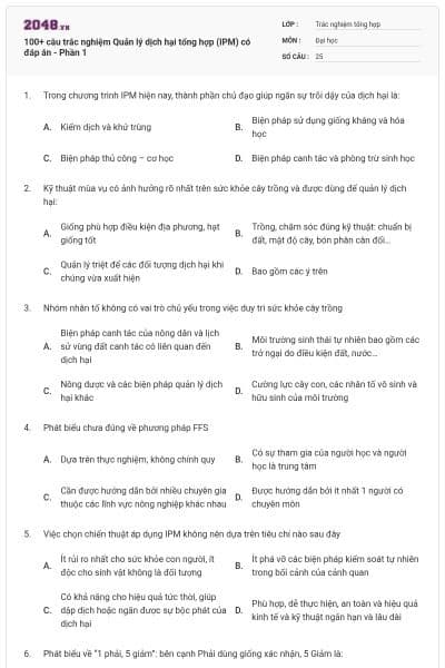 100+ câu trắc nghiệm Quản lý dịch hại tổng hợp (IPM) có đáp án - Phần 1