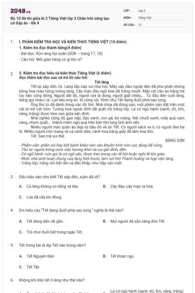 Bộ 10 đề thi giữa kì 2 Tiếng Việt lớp 3 Chân trời sáng tạo có đáp án - Đề 4