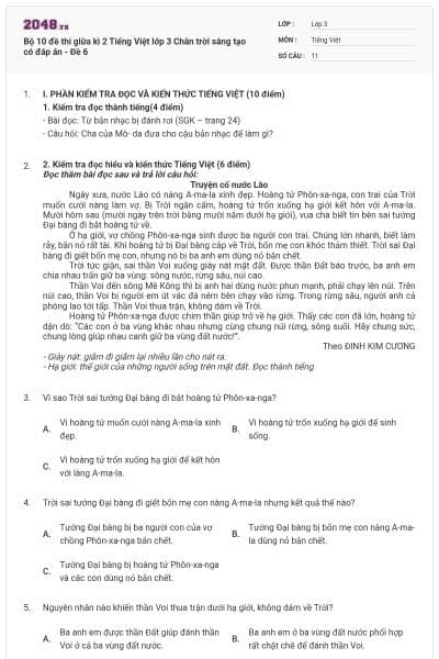 Bộ 10 đề thi giữa kì 2 Tiếng Việt lớp 3 Chân trời sáng tạo có đáp án - Đề 6