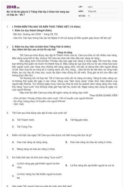 Bộ 10 đề thi giữa kì 2 Tiếng Việt lớp 3 Chân trời sáng tạo có đáp án - Đề 7