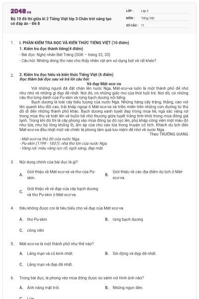 Bộ 10 đề thi giữa kì 2 Tiếng Việt lớp 3 Chân trời sáng tạo có đáp án - Đề 8