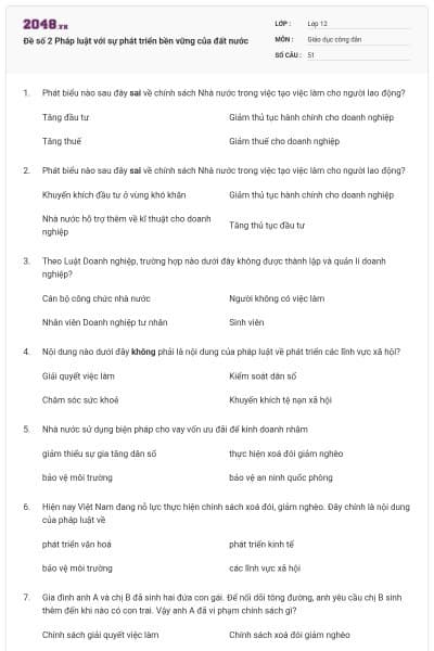 Đề số 2 Pháp luật với sự phát triển bền vững của đất nước