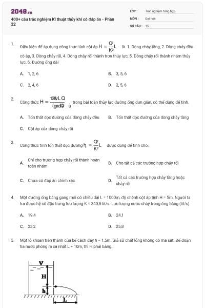 400+ câu trắc nghiệm Kĩ thuật thủy khí có đáp án - Phần 22