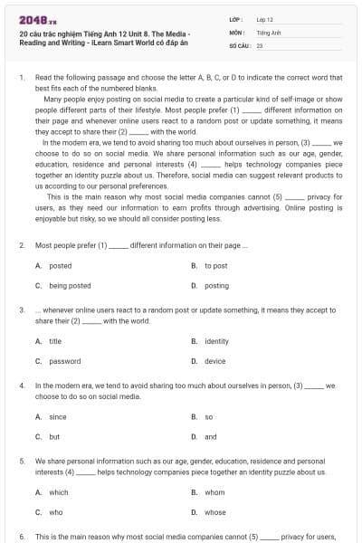 20 câu trắc nghiệm Tiếng Anh 12 Unit 8. The Media - Reading and Writing - iLearn Smart World có đáp án