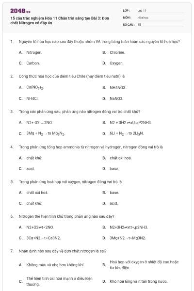 15 câu trắc nghiệm Hóa 11 Chân trời sáng tạo Bài 3: Đơn chất Nitrogen có đáp án