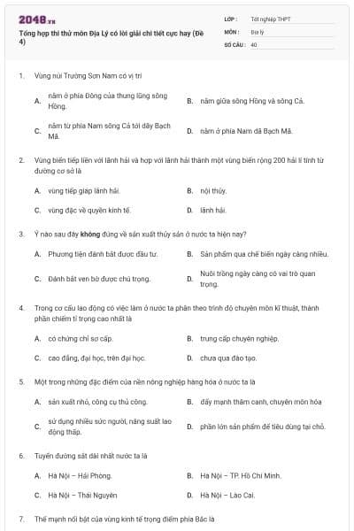 Tổng hợp thi thử môn Địa Lý có lời giải chi tiết cực hay (Đề 4)