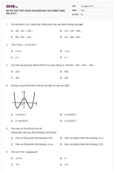 ĐỀ THI THỬ THPT QUỐC GIA NĂM HỌC 2019 MÔN TOÁN (Đề số 01)