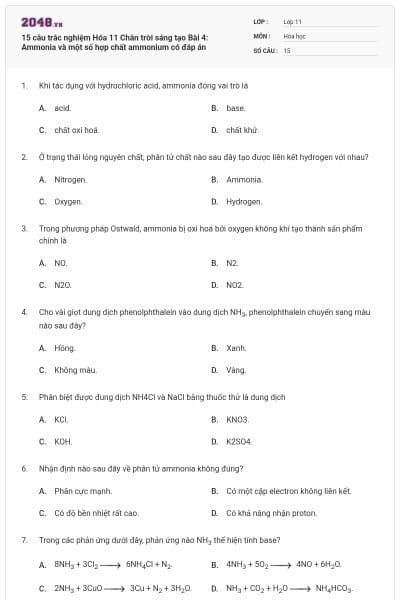 15 câu trắc nghiệm Hóa 11 Chân trời sáng tạo Bài 4: Ammonia và một số hợp chất ammonium có đáp án