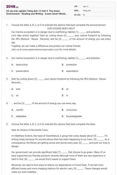 20 câu trắc nghiệm Tiếng Anh 12 Unit 9. The Green Environment - Reading and Writing - iLearn Smart World có đáp án