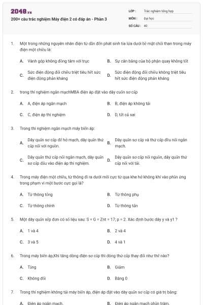 200+ câu trắc nghiệm Máy điện 2 có đáp án - Phần 3
