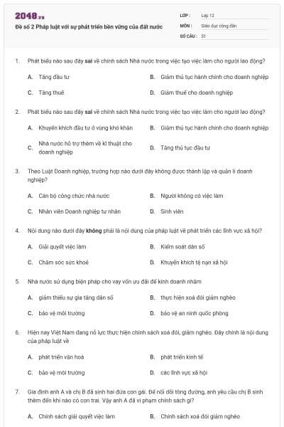 Đề số 2 Pháp luật với sự phát triển bền vững của đất nước