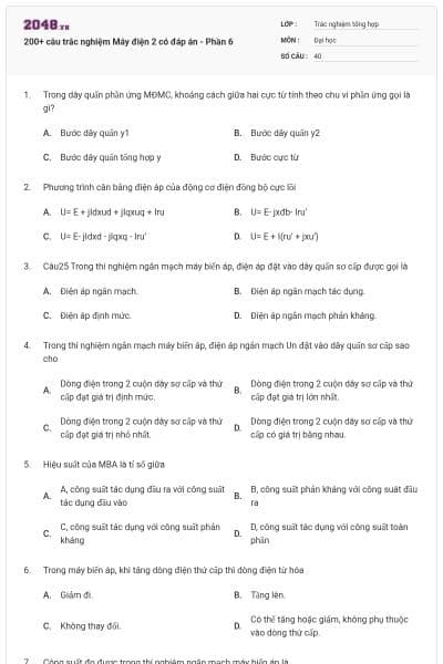 200+ câu trắc nghiệm Máy điện 2 có đáp án - Phần 6