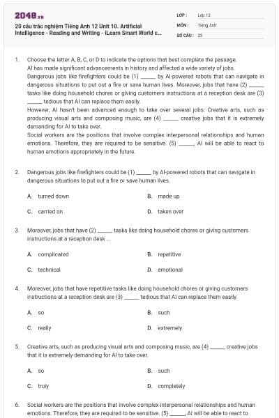 20 câu trắc nghiệm Tiếng Anh 12 Unit 10. Artificial Intelligence - Reading and Writing - iLearn Smart World có đáp án
