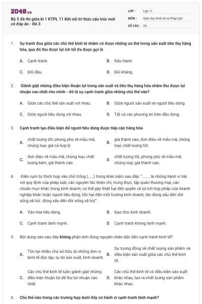 Bộ 5 đề thi giữa kì 1 KTPL 11 Kết nối tri thức cấu trúc mới có đáp án - Đề 3