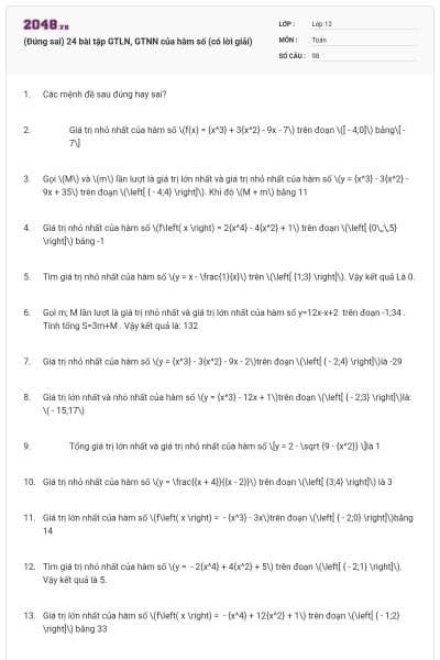 (Đúng sai) 24 bài tập GTLN, GTNN của hàm số (có lời giải)