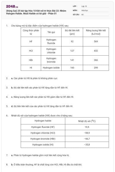 (Đúng Sai) 25 bài tập Hóa 10 Kết nối tri thức Bài 22: Nhóm Halogen Halide. Muối Halide có lời giải - Phần 01