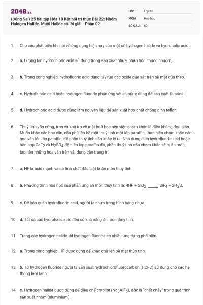 (Đúng Sai) 25 bài tập Hóa 10 Kết nối tri thức Bài 22: Nhóm Halogen Halide. Muối Halide có lời giải - Phần 02