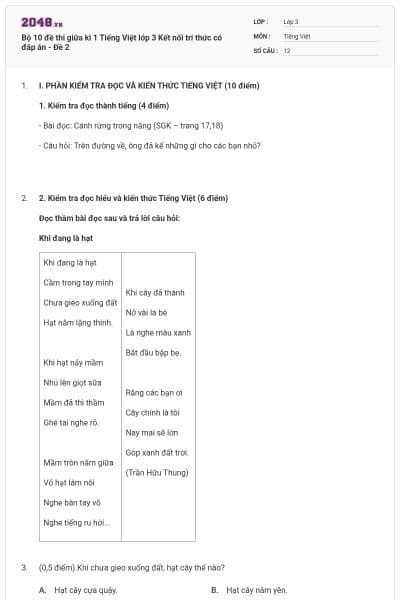 Bộ 10 đề thi giữa kì 1 Tiếng Việt lớp 3 Kết nối tri thức có đáp án - Đề 2