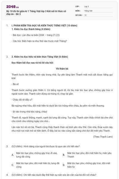 Bộ 10 đề thi giữa kì 1 Tiếng Việt lớp 3 Kết nối tri thức có đáp án - Đề 3